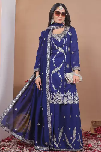 Blue vichitra silk sequence embroidered sharara suit