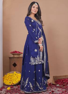 Blue vichitra silk sequin embroidered sharara suit 3