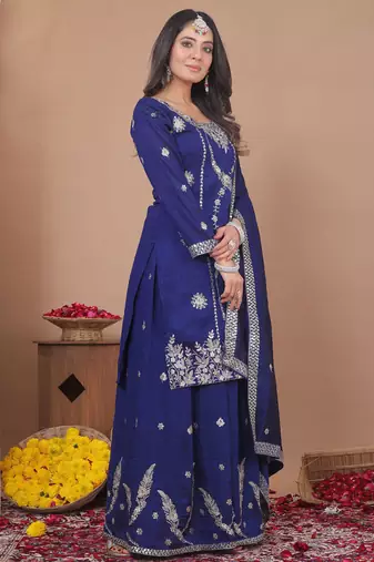 Blue vichitra silk sequence embroidered sharara suit