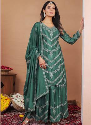 Sea green chinon silk sequin embroidered sharara suit 1