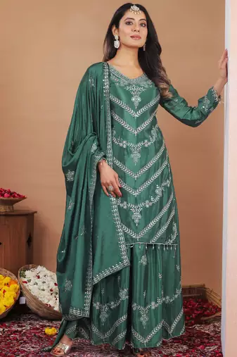 Sea green chinon silk sequence embroidered sharara suit