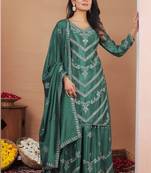 Sea green chinon silk sequence embroidered sharara suit
