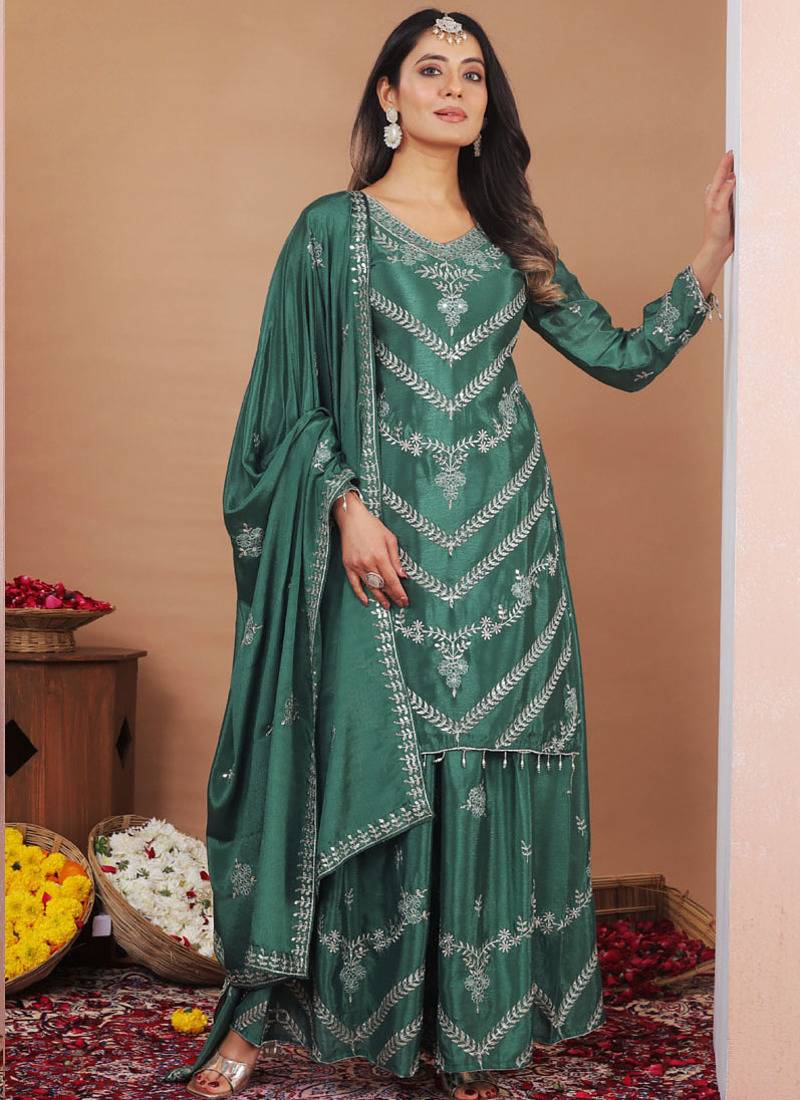 Sea green chinon silk sequence embroidered sharara suit