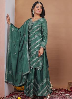 Sea green chinon silk sequin embroidered sharara suit 2