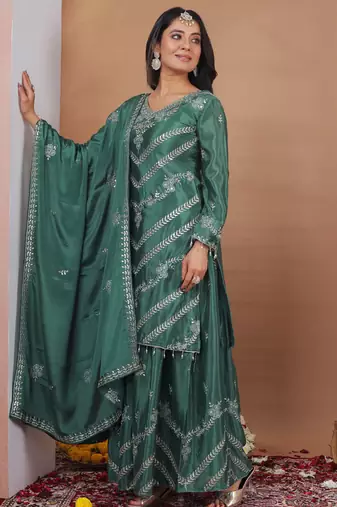 Sea green chinon silk sequin embroidered sharara suit