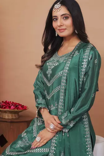 Sea green chinon silk sequin embroidered sharara suit
