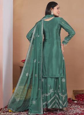 Sea green chinon silk sequin embroidered sharara suit 4