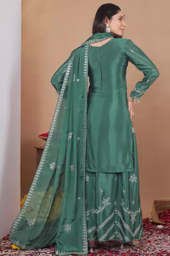 Sea green chinon silk sequin embroidered sharara suit