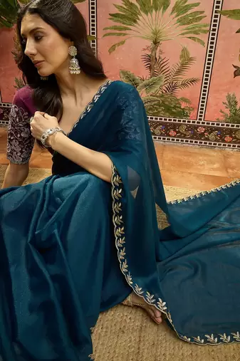 Teal neon chiffon embroidered saree with unstitched blouse piece