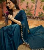 Teal neon chiffon embroidered saree with unstitched blouse piece