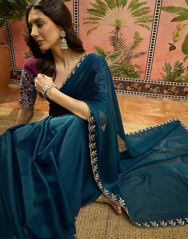 Teal neon chiffon embroidered saree with unstitched blouse piece