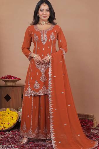 Rust orange georgette sequence embroidered sharara suit