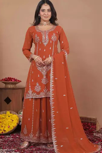 Rust orange georgette sequence embroidered sharara suit