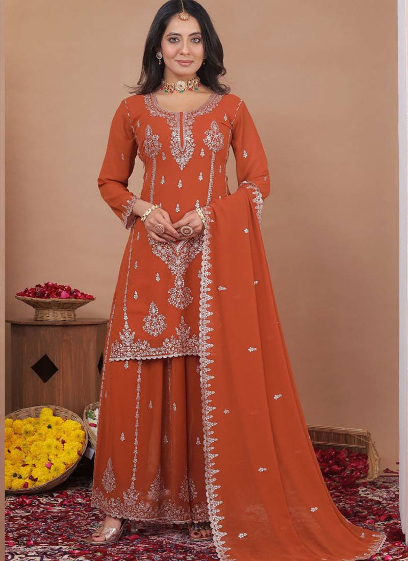 Rust orange georgette sequence embroidered sharara suit