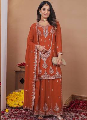 Rust orange georgette sequin embroidered sharara suit 2