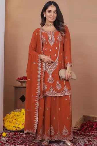 Rust orange georgette sequence embroidered sharara suit