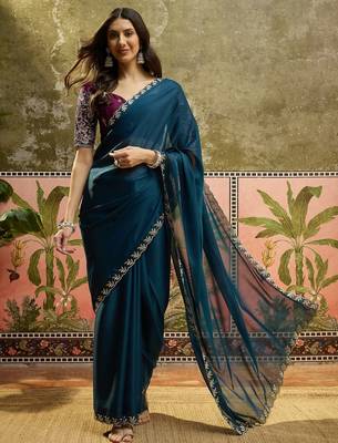 Teal neon chiffon embroidered saree with unstitched blouse piece 2