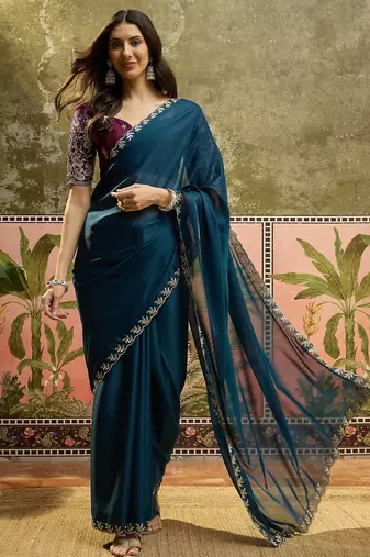 Teal neon chiffon embroidered saree with unstitched blouse piece