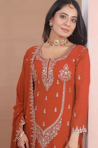 Rust orange georgette sequence embroidered sharara suit