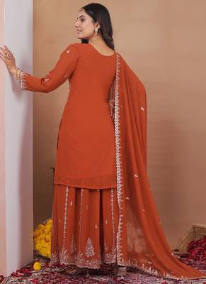 Rust orange georgette sequin embroidered sharara suit 4