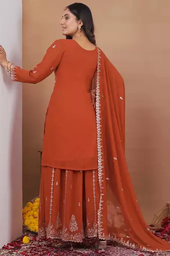 Rust orange georgette sequence embroidered sharara suit