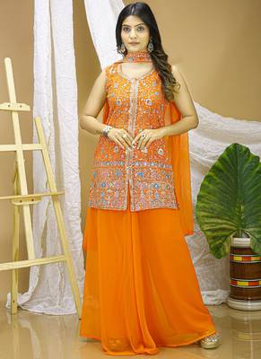 Orange georgette sequin embroidered sharara suit 1