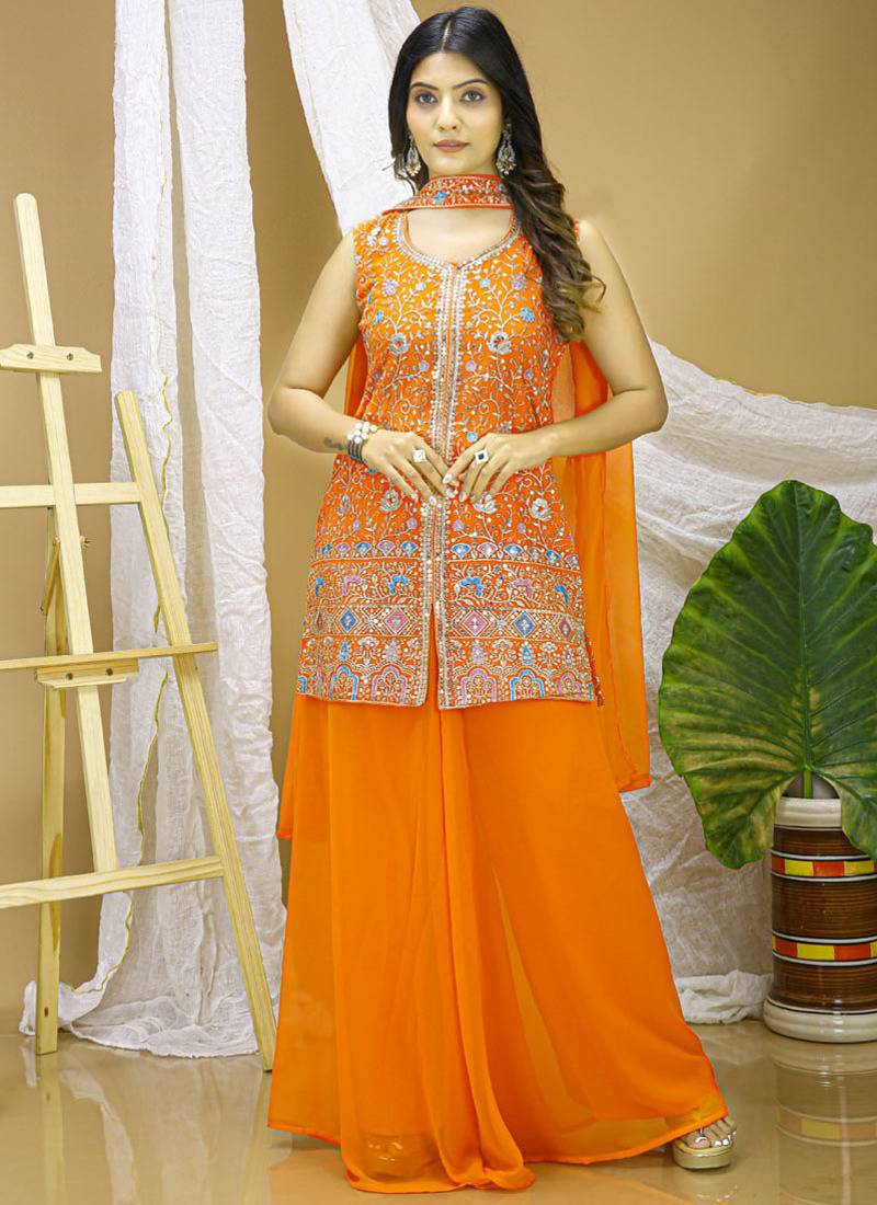 Orange georgette sequence embroidered sharara suit