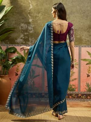 Teal neon chiffon embroidered saree with unstitched blouse piece 3