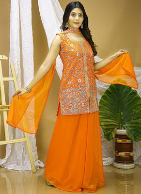 Orange georgette sequin embroidered sharara suit 2