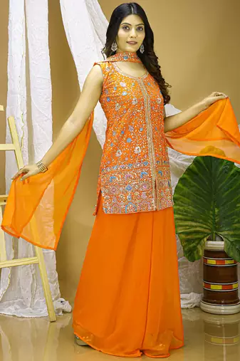 Orange georgette sequence embroidered sharara suit