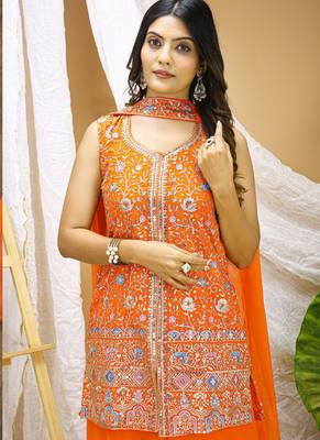 Orange georgette sequin embroidered sharara suit 3