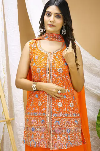 Orange georgette sequence embroidered sharara suit