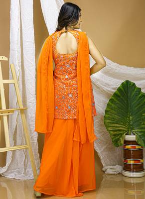 Orange georgette sequin embroidered sharara suit 4