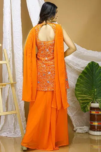 Orange georgette sequence embroidered sharara suit