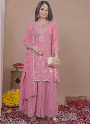 Light pink georgette sequin embroidered sharara suit 1