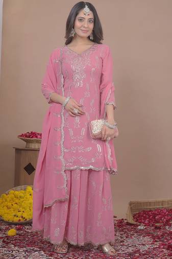 Light pink georgette sequence embroidered sharara suit