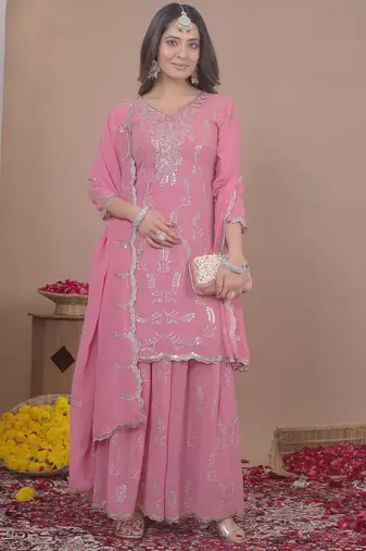 Light pink georgette sequence embroidered sharara suit