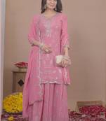 Light pink georgette sequence embroidered sharara suit
