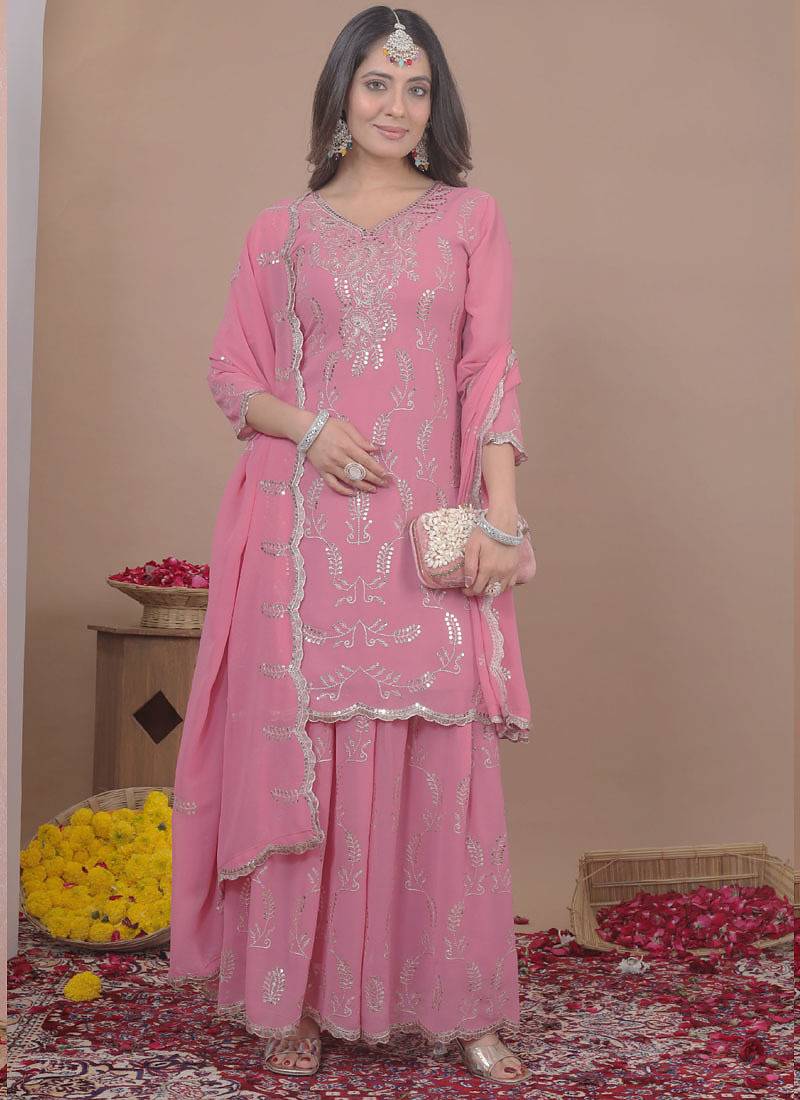 Light pink georgette sequence embroidered sharara suit