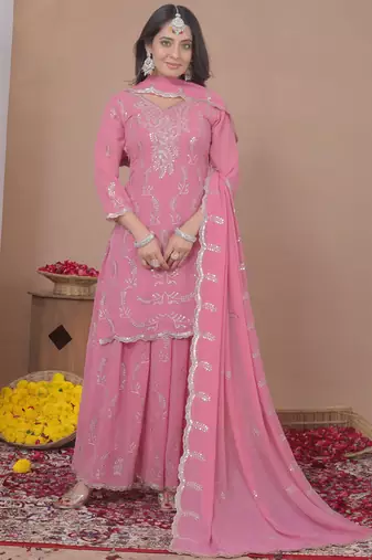 Light pink georgette sequence embroidered sharara suit