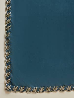 Teal neon chiffon embroidered saree with unstitched blouse piece 5