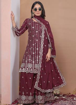 Brown crepe silk sequin embroidered sharara suit 1