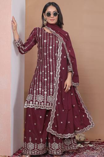 Brown crepe silk sequence embroidered sharara suit