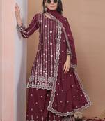 Brown crepe silk sequence embroidered sharara suit