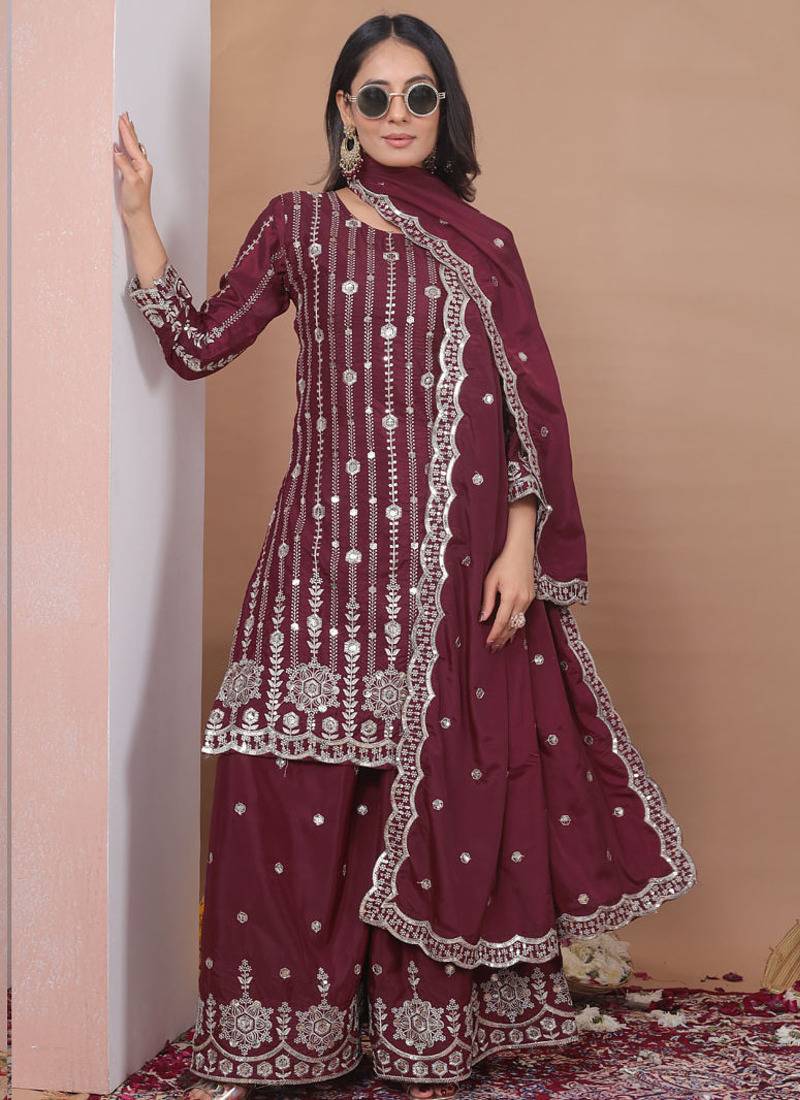 Brown crepe silk sequence embroidered sharara suit