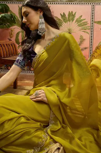 Neon chiffon embeoidered saree with unstitched blouse piece