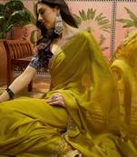 Neon chiffon embeoidered saree with unstitched blouse piece