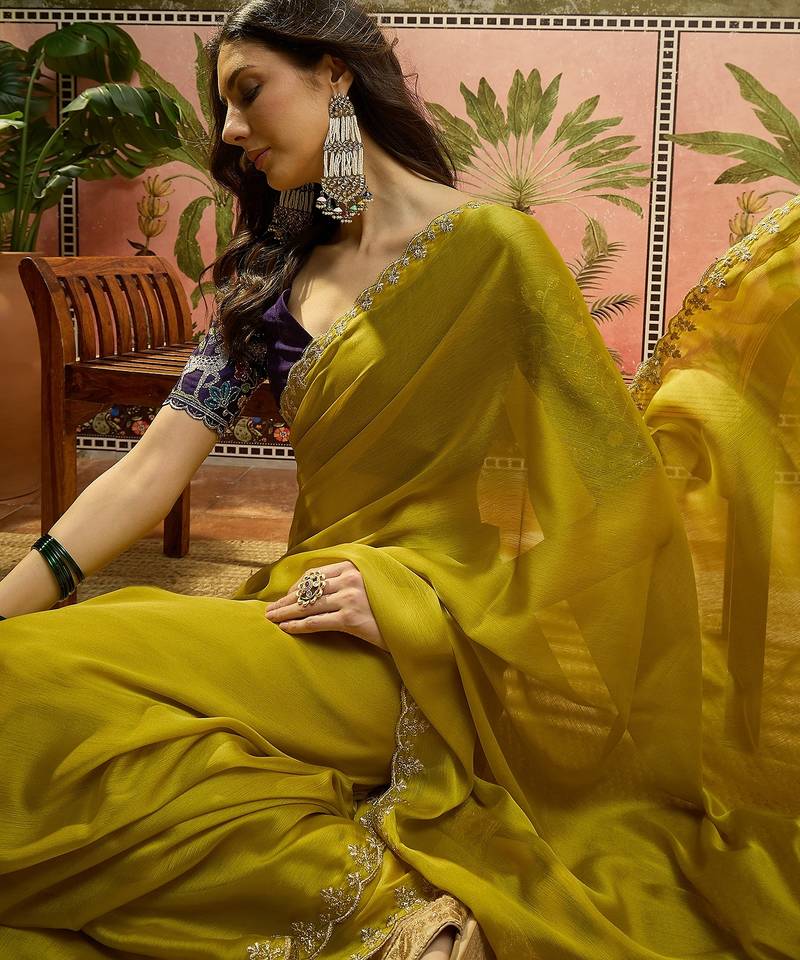 Neon chiffon embeoidered saree with unstitched blouse piece