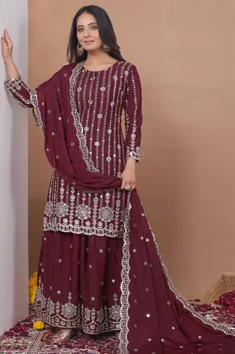 Brown crepe silk sequence embroidered sharara suit