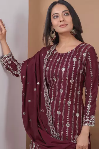 Brown crepe silk sequence embroidered sharara suit